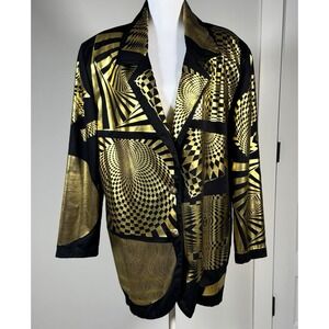 Vintage 80s Gold Foil Metallic Blazer Jacket Big Shoulders Black‎ Size S